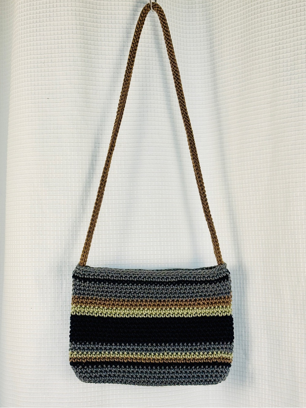 The Sak Crochet Crossbody Bag - Blue-Gray Navy Tan Stripes - EUC